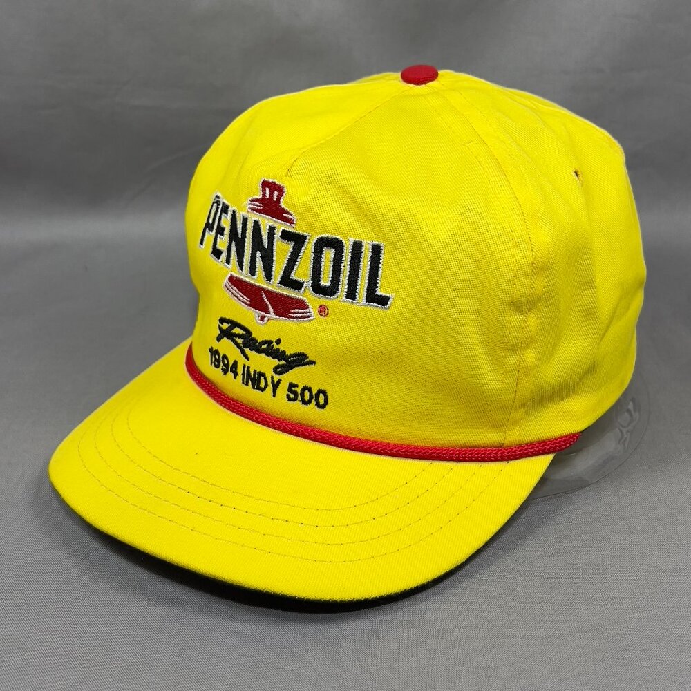 Vtg Pennzoil Indy 500 Racing Strapback Hat Cap Yellow Rope Motorsports Mens 90s
